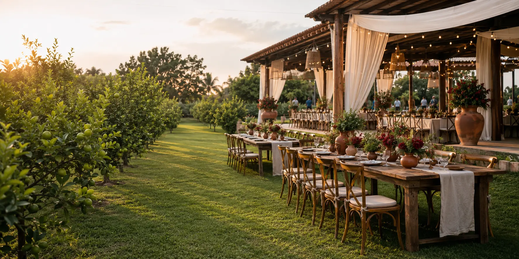 Área para eventos con mesas de madera y luces junto a una huerta de limoneros