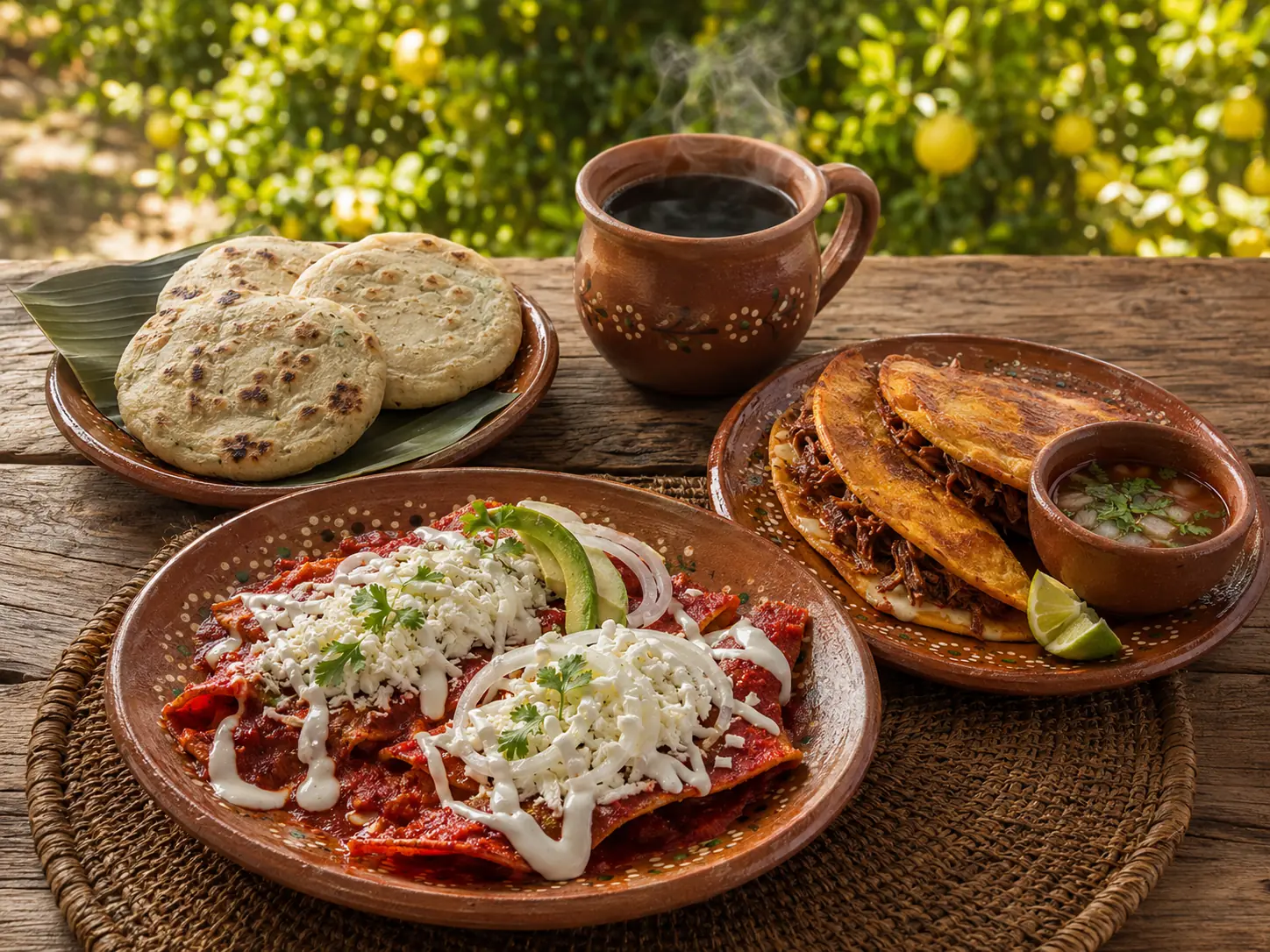 Desayuno huasteco servido en barro con enchiladas, bocoles y café